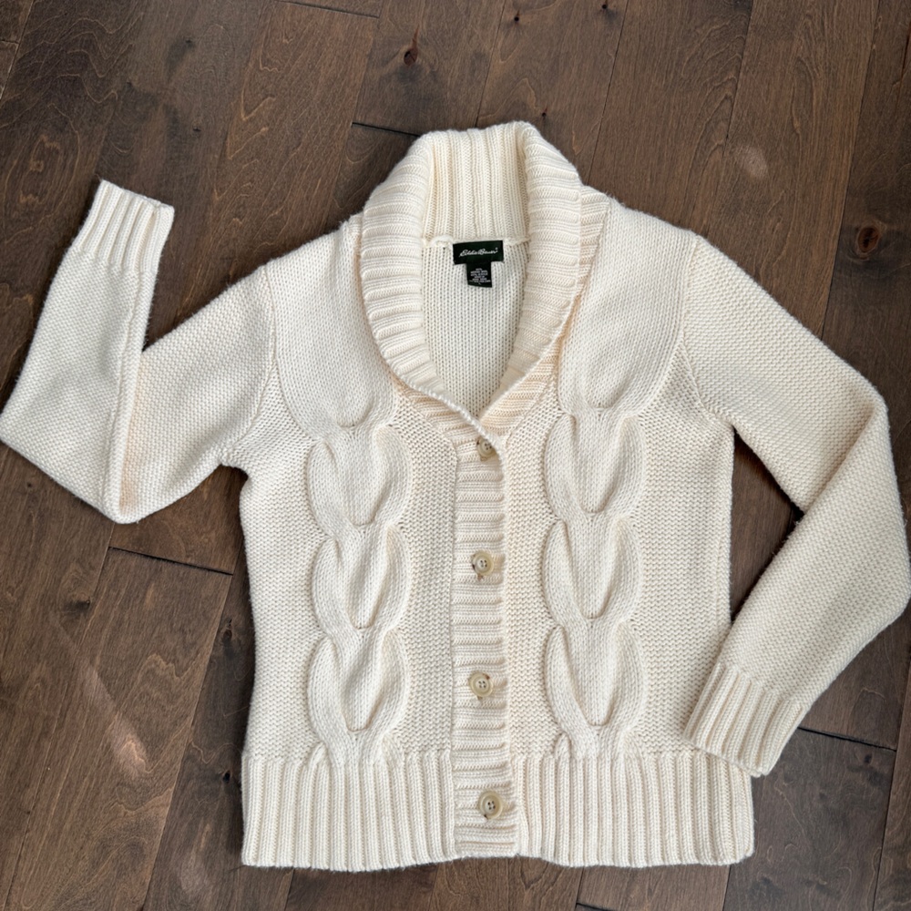 Eddie Bauer Cream Cable Knit Shawl Collar Cardigan